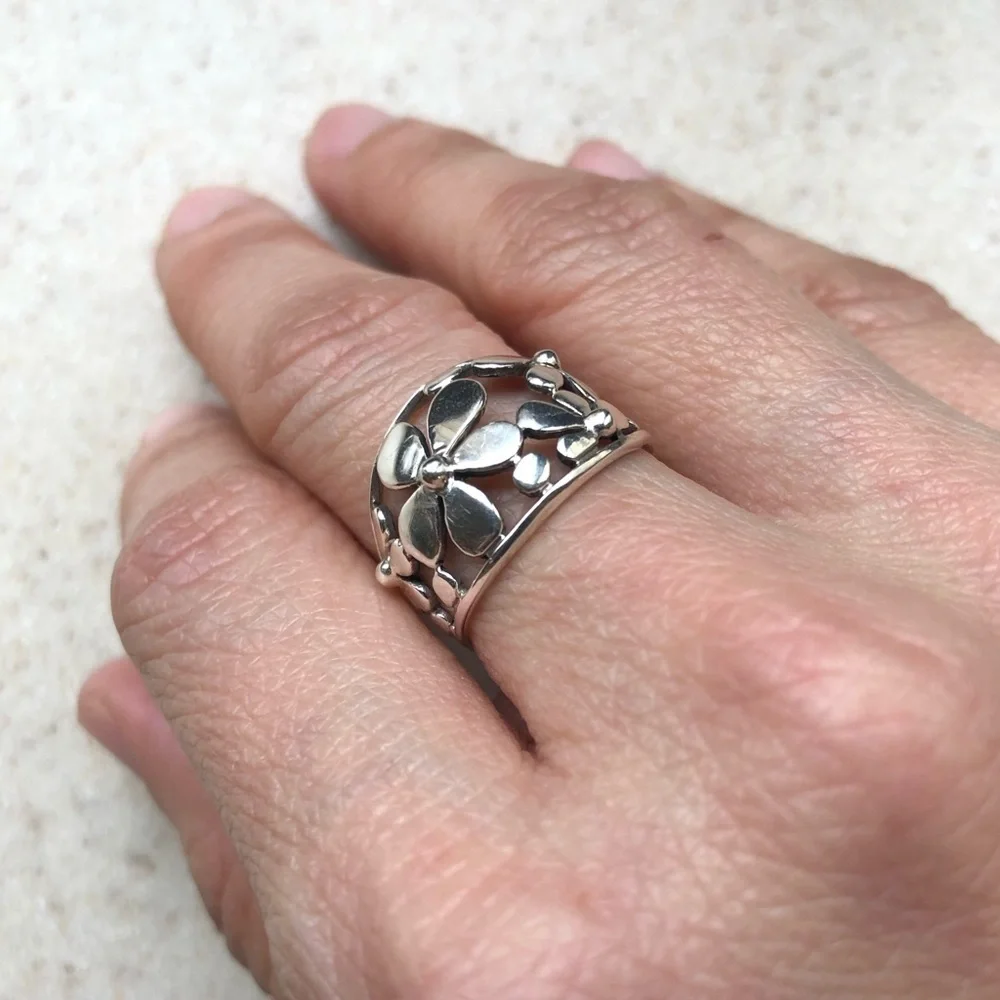Women 925 Solid Sterling Silver Ring Size 8 Flower Texture Craft Statement Fall - Picture 7 of 8